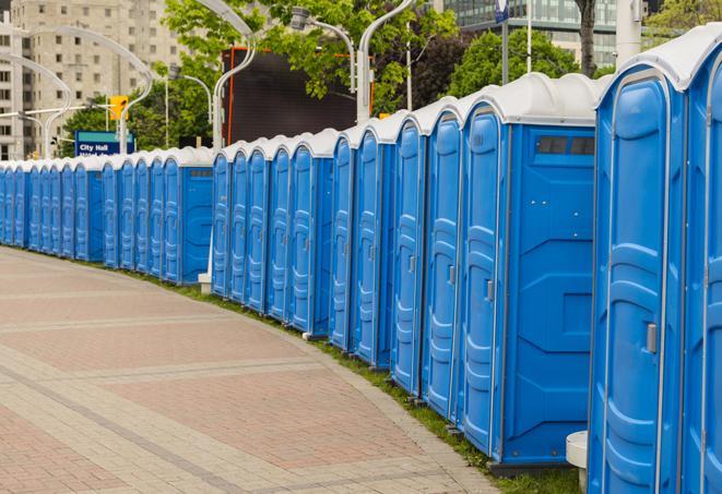 a row of portable restrooms at an outdoor special event, ready for use in Bordentown, NJ